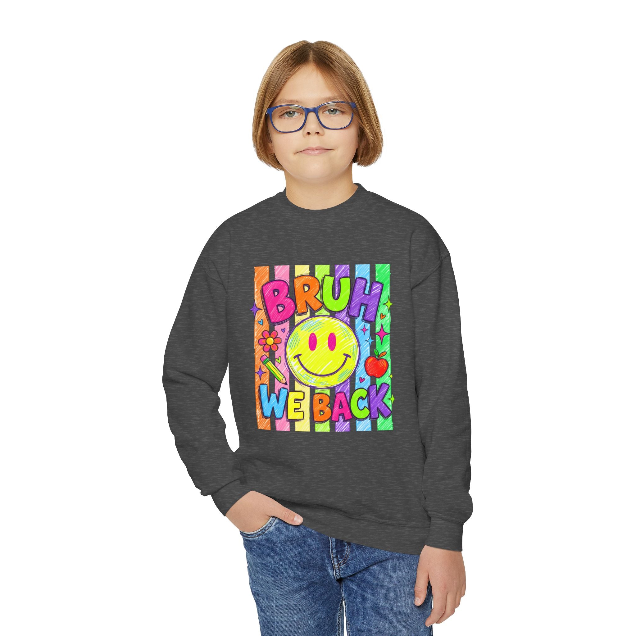 Youth Crewneck Sweatshirt — "Bruh We Back" Retro Smiley Graphic