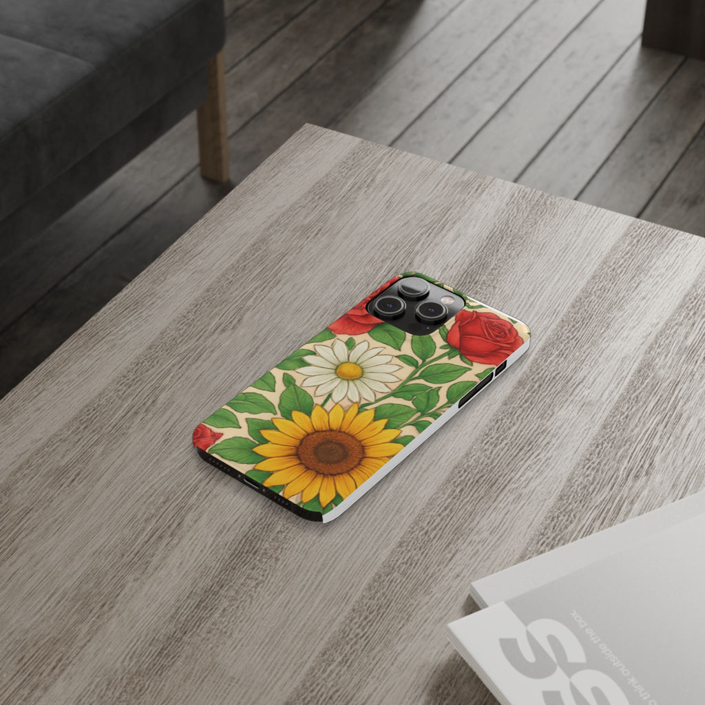 Floral Sunflower, Daisy & Rose Slim Phone Case — Vintage Botanical Pattern