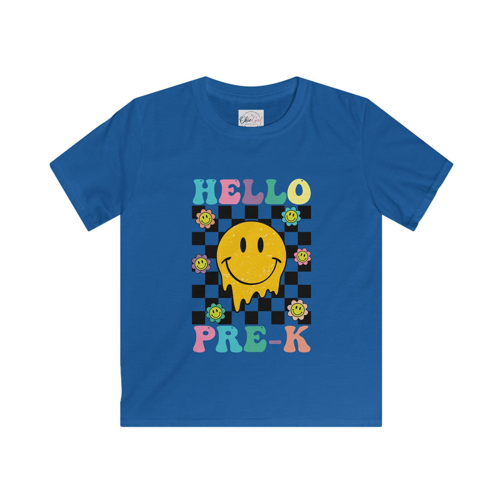 Hello Pre-K Kids T-Shirt — Colorful Smiley Checkerboard Preschool Tee
