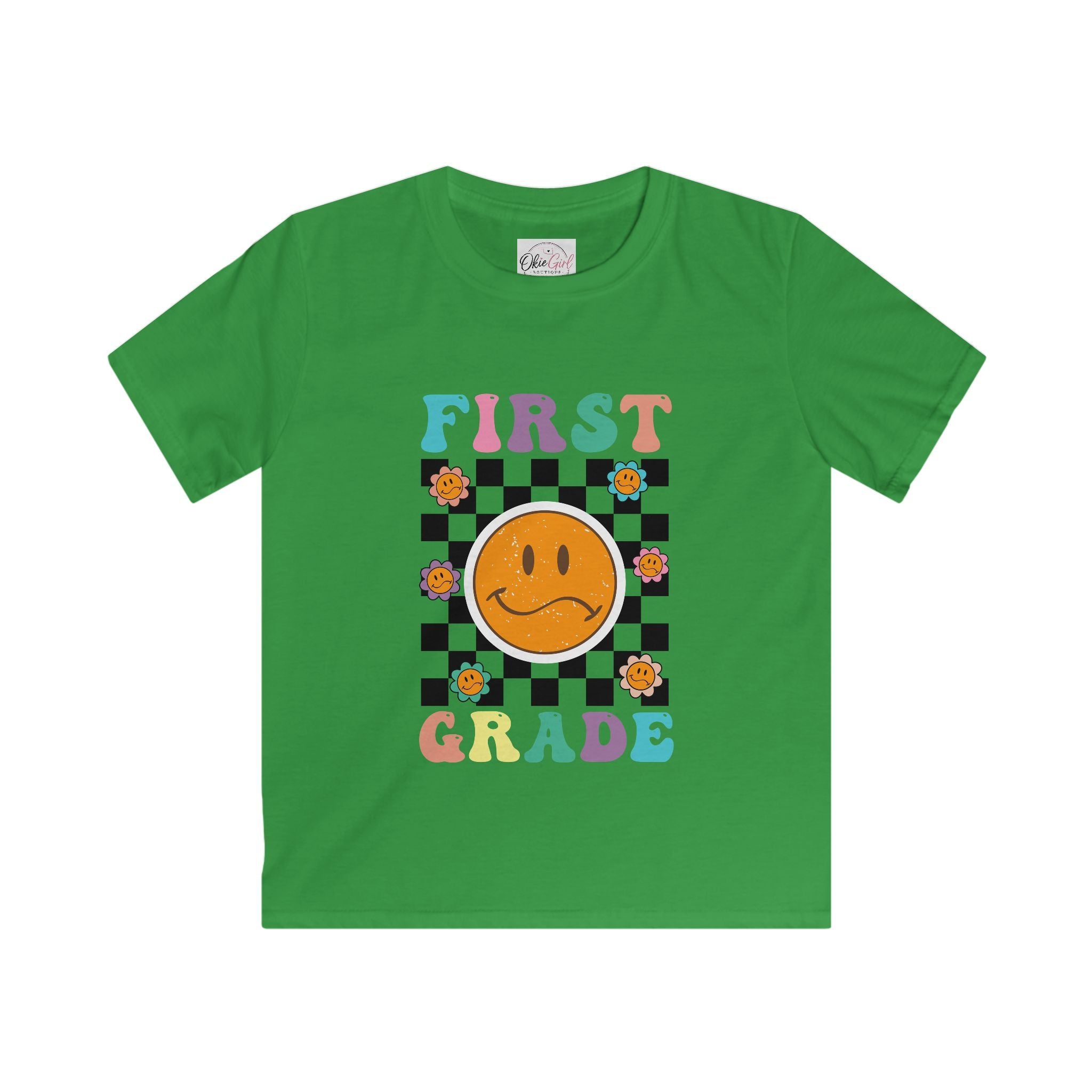 First Grade Kids T‑Shirt — Retro Checker Smiley Back to School Tee