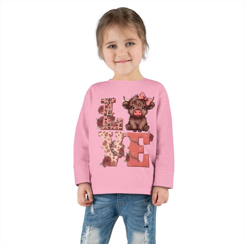 Love Cow Toddler Long Sleeve Tee — Cute Farm Animal Heart Design