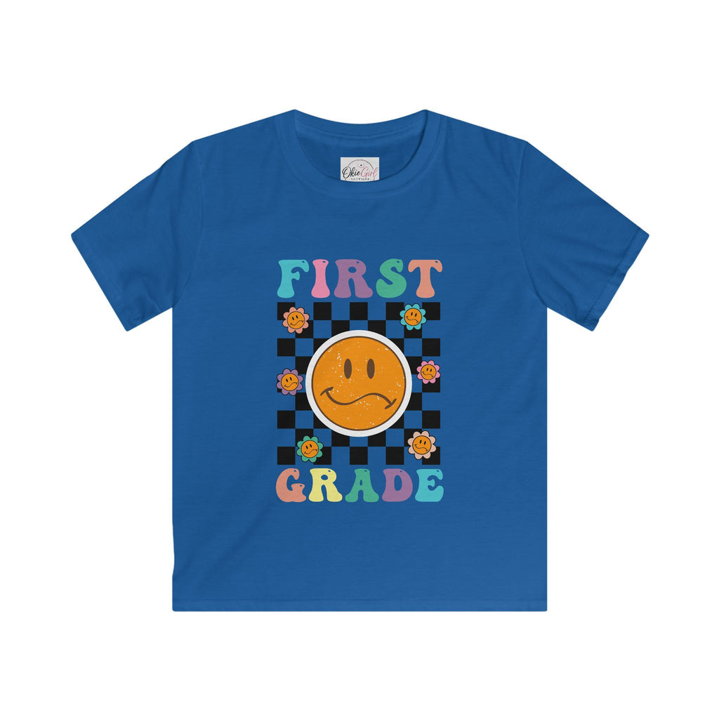First Grade Kids T‑Shirt — Retro Checker Smiley Back to School Tee