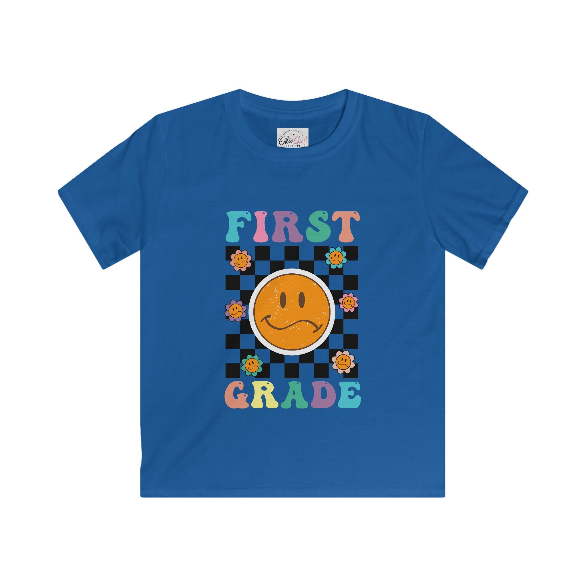 First Grade Kids T‑Shirt — Retro Checker Smiley Back to School Tee