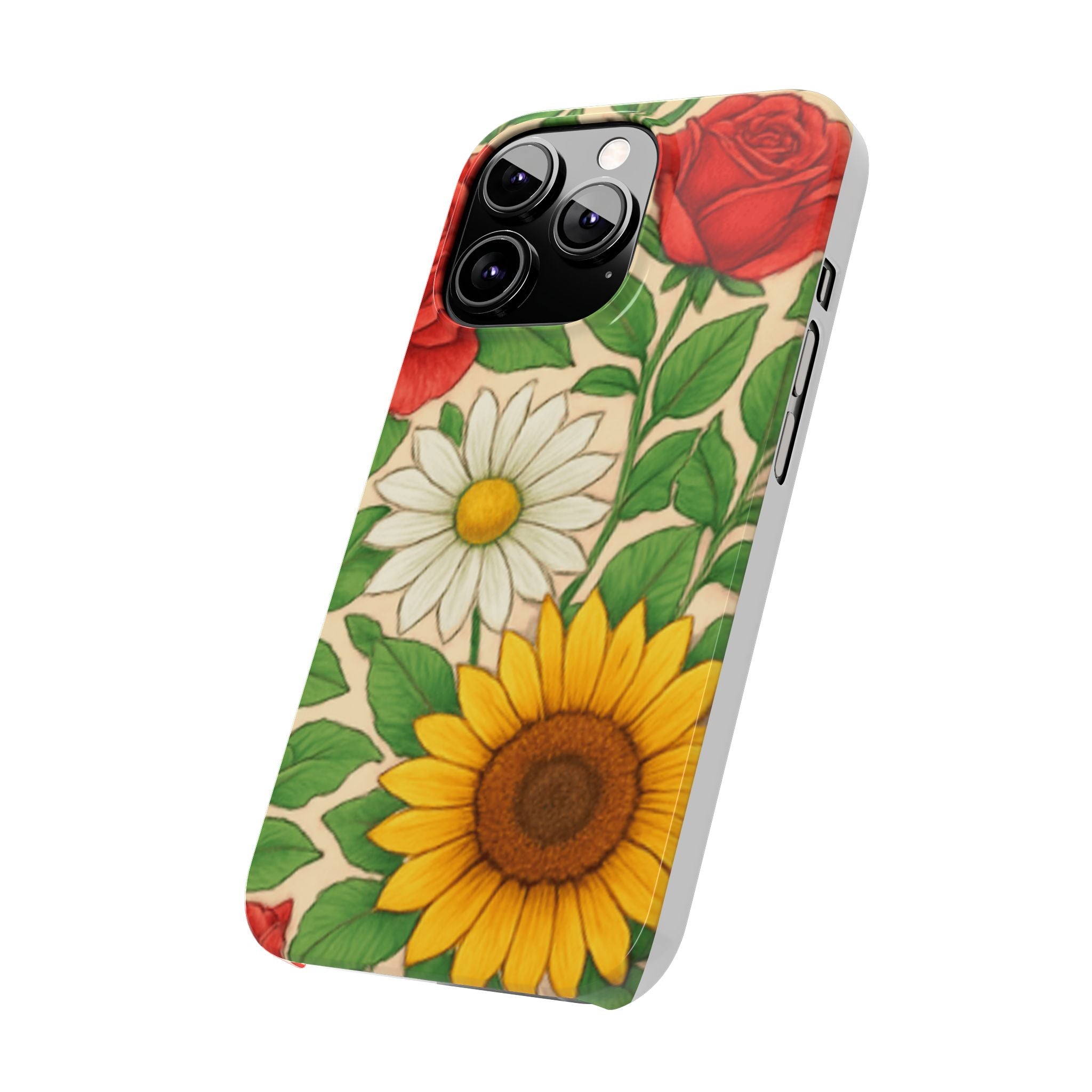 Floral Sunflower, Daisy & Rose Slim Phone Case — Vintage Botanical Pattern