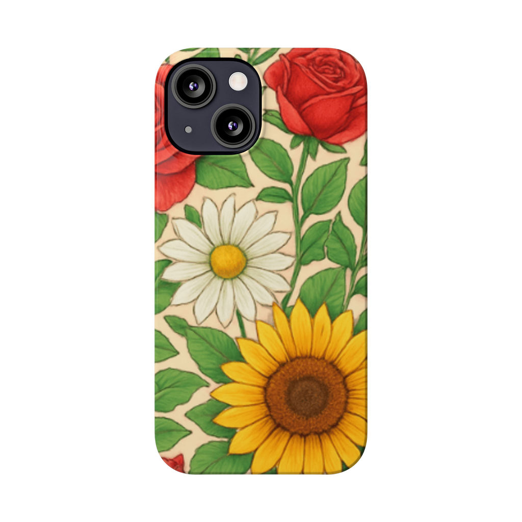 Floral Sunflower, Daisy & Rose Slim Phone Case — Vintage Botanical Pattern