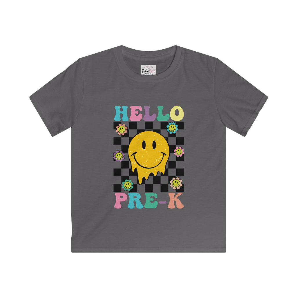 Hello Pre-K Kids T-Shirt — Colorful Smiley Checkerboard Preschool Tee