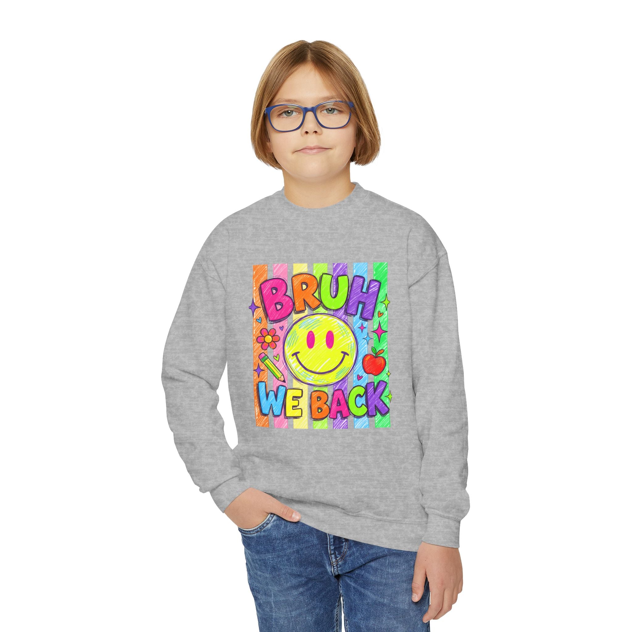 Youth Crewneck Sweatshirt — "Bruh We Back" Retro Smiley Graphic
