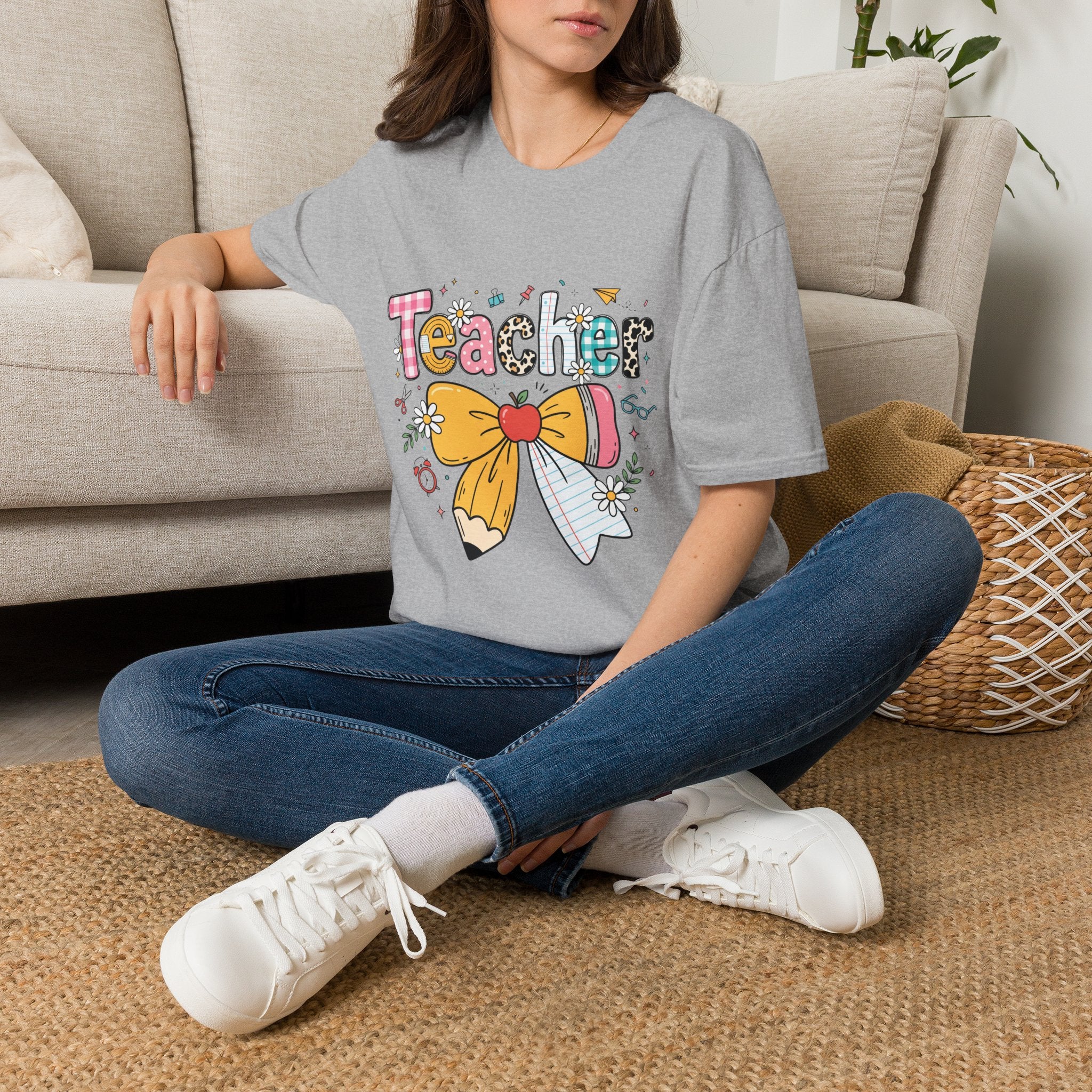 Teacher Cute Bow Graphic T-Shirt — Colorful School Appreciation Tee