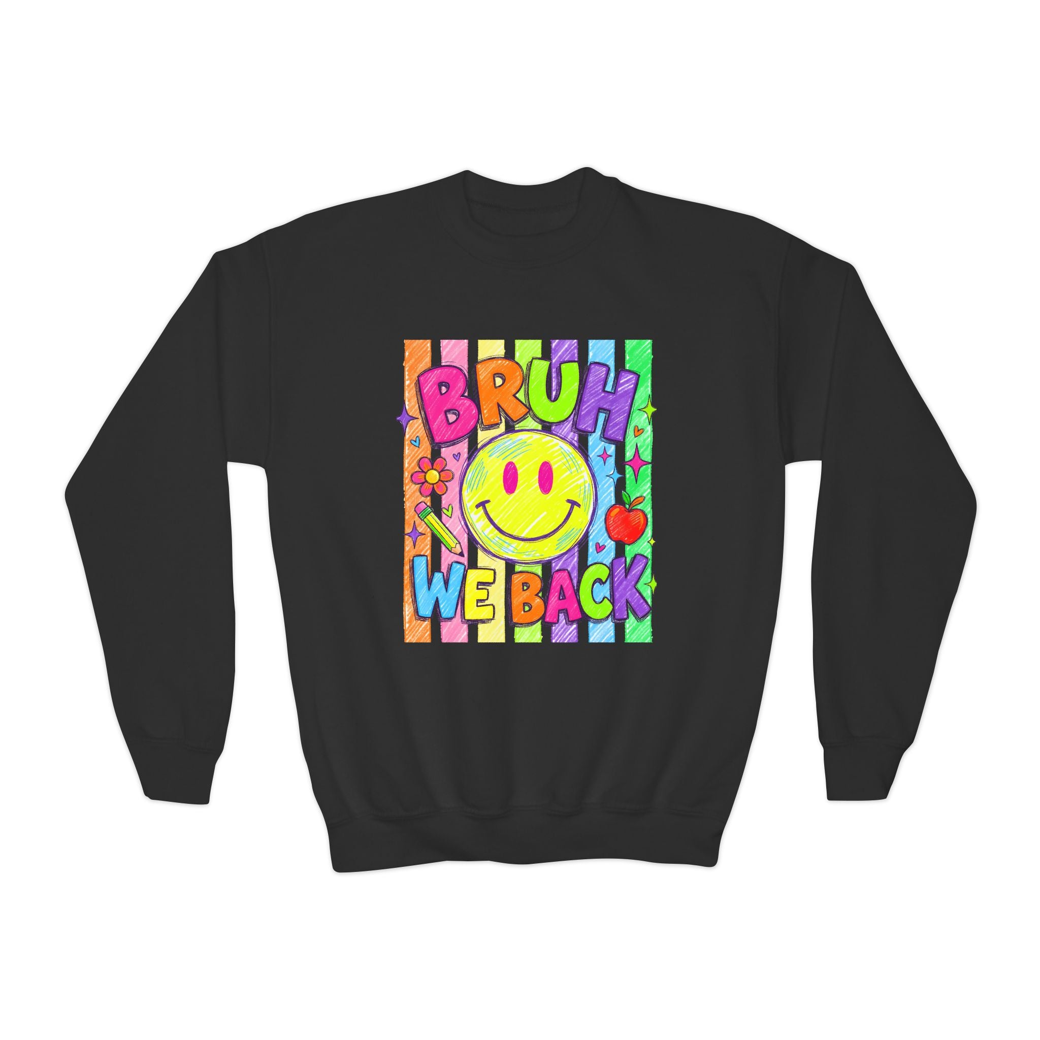 Youth Crewneck Sweatshirt — "Bruh We Back" Retro Smiley Graphic