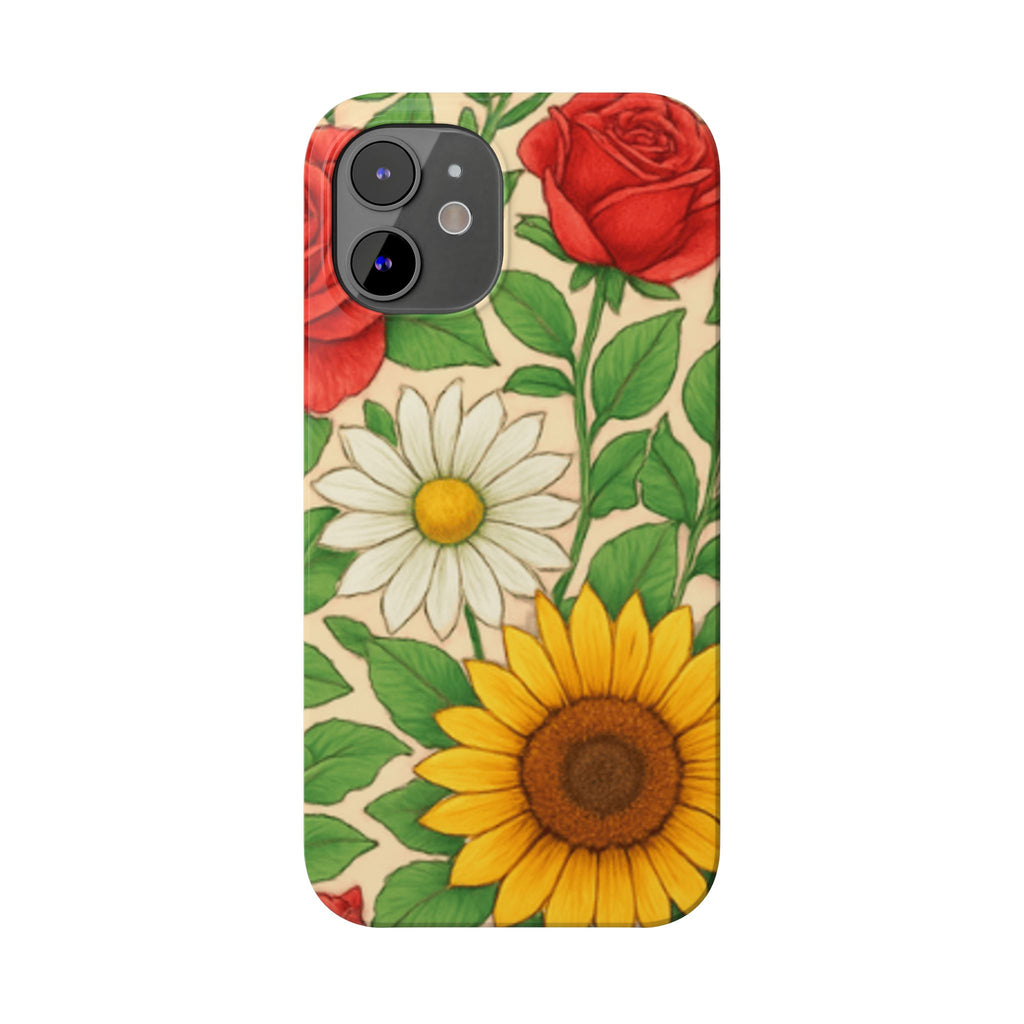 Floral Sunflower, Daisy & Rose Slim Phone Case — Vintage Botanical Pattern