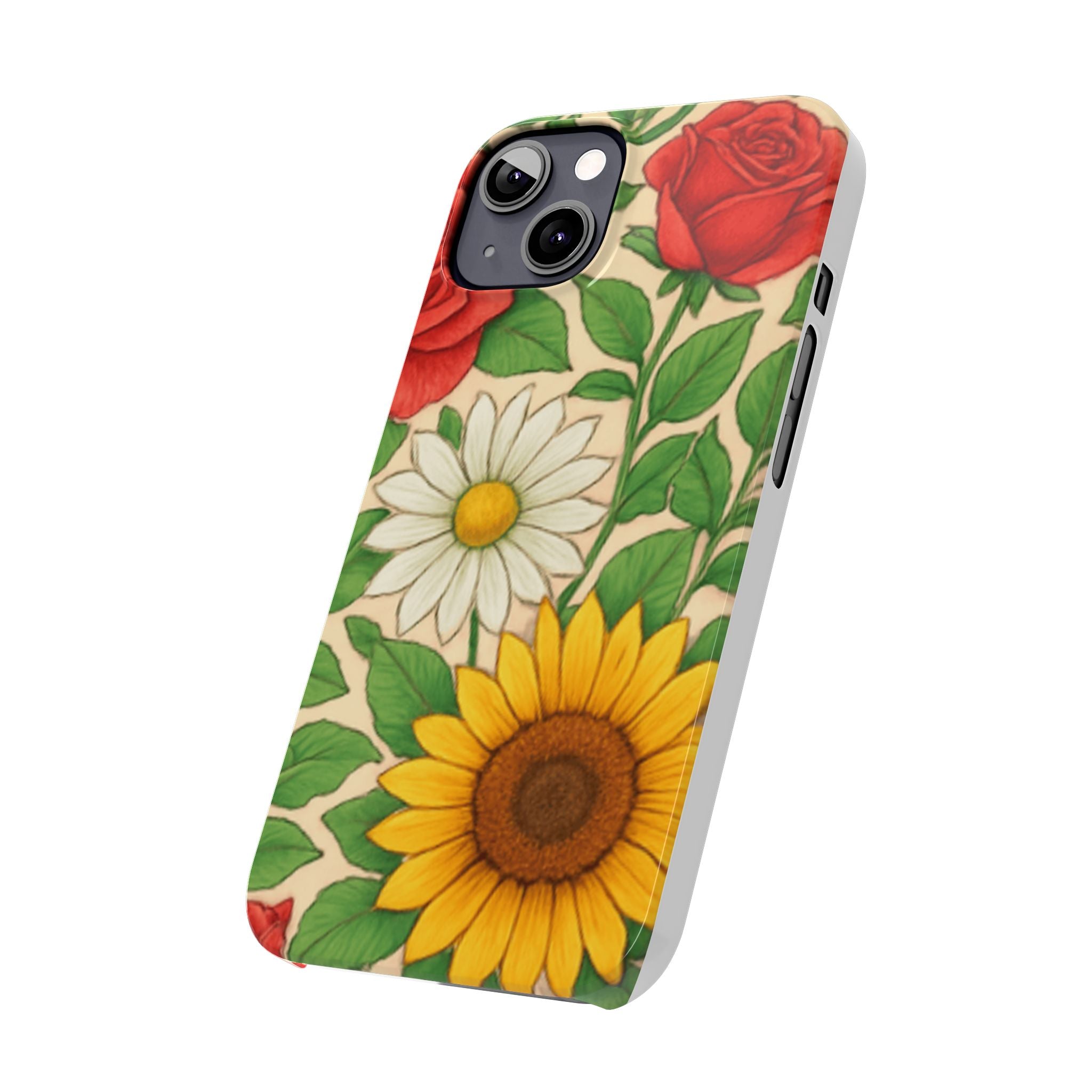 Floral Sunflower, Daisy & Rose Slim Phone Case — Vintage Botanical Pattern